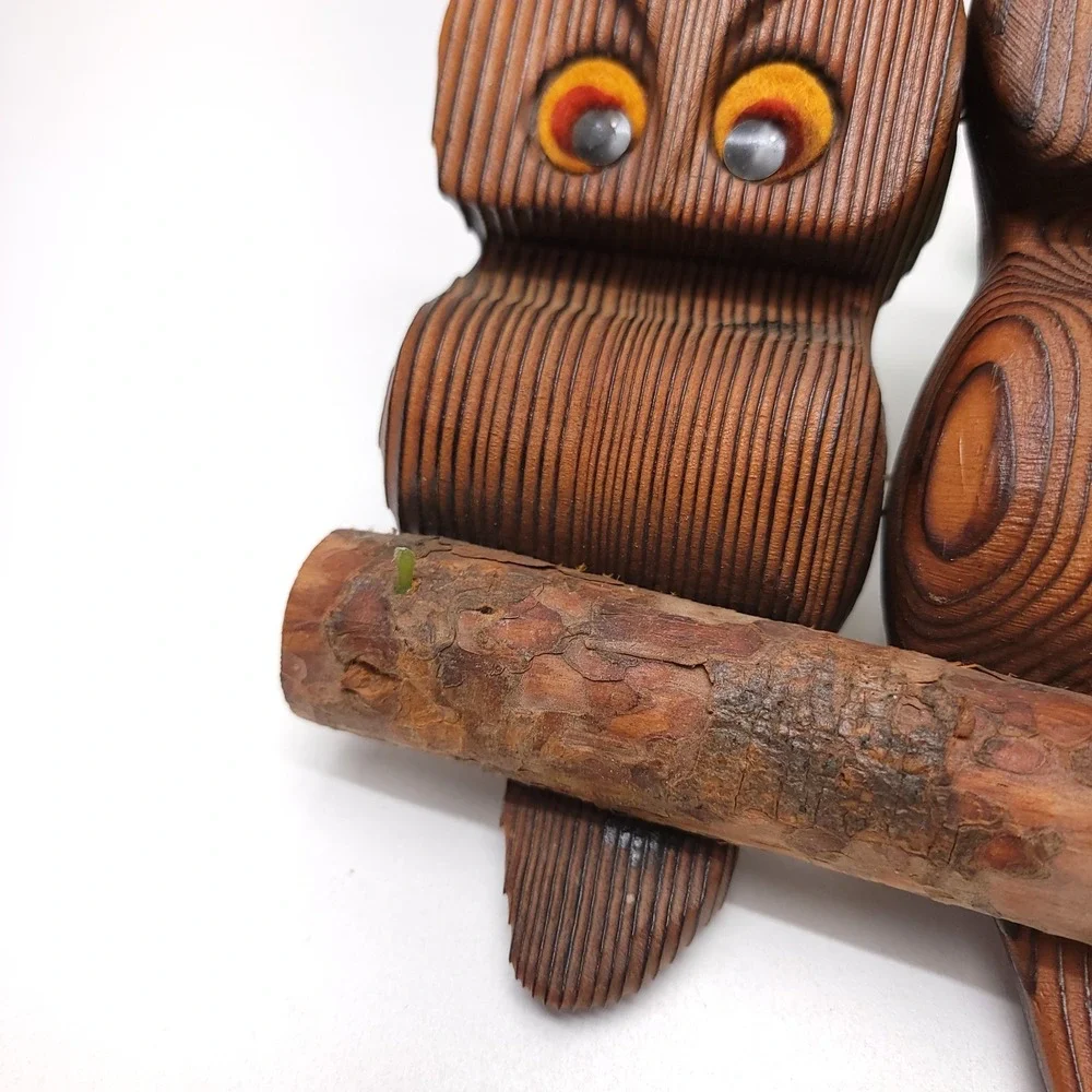 Large Witco Wooden 3 Owls On A Branch‎ Wall Art Orange Tack Felt Eyes Carved MCM